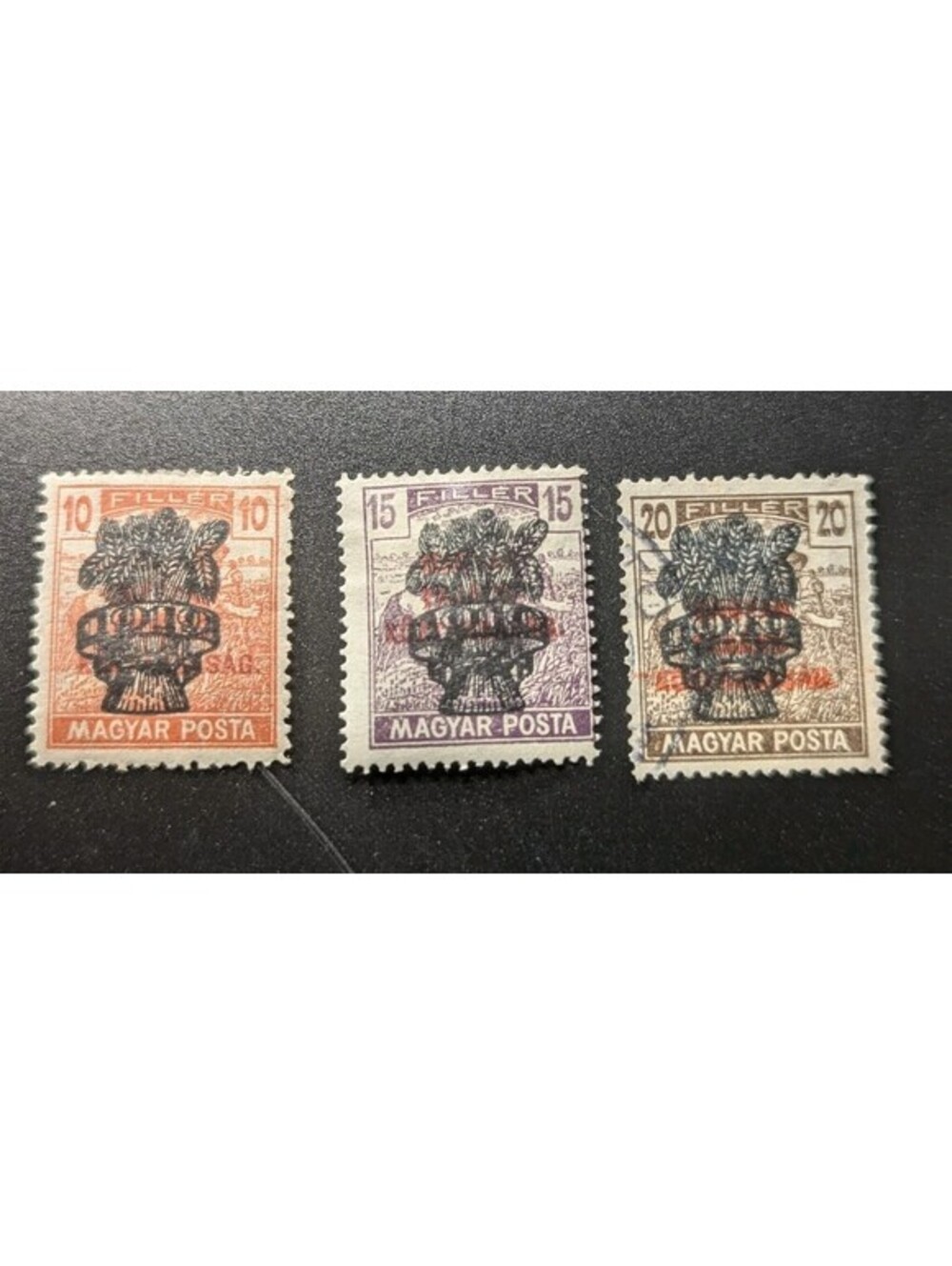 Hungary 1920 Stamps Scott #318 Overprint Harvesting Wheat 10f 15f 20f Lot of 3
